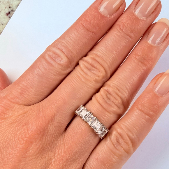 14K Solid White Gold Half Eternity Princess Cut Cubic Zirconia CZ Stack Ring - Picture 4 of 11